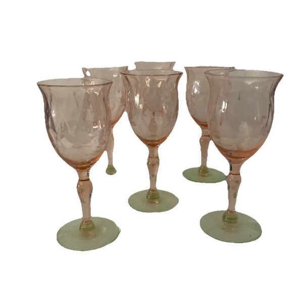 6 Vtg Tiffin Franciscan Etched Watermelon Uranium Depression  6 Vtg Tiffin Franciscan Etched Watermelon  Uranium Depression Cordial Glasses